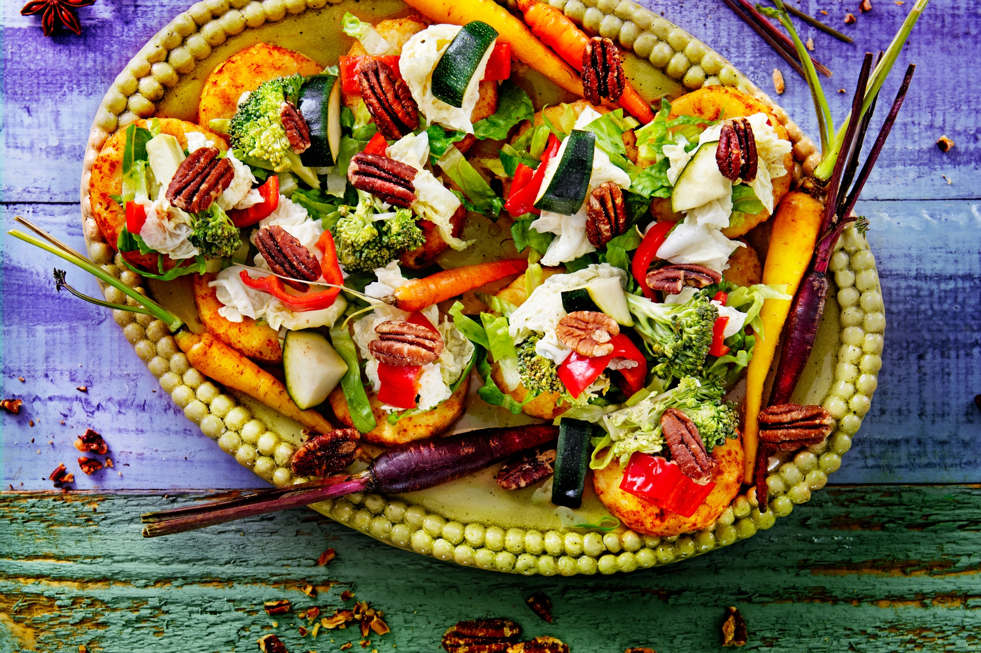 Rösti z mango, grillowanym kurczakiem i olejem szczypiorkowym